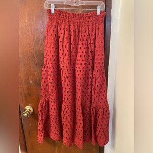 Boho Tiered Rust Red Eyelet Midi Skirt